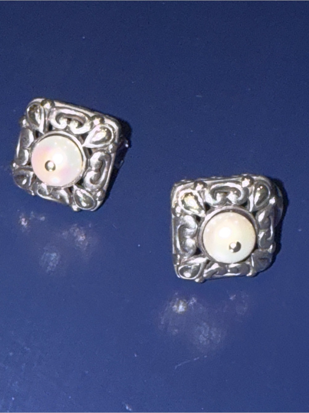 John Hardy Sterling Silver Filigree Square Pearl Stud Earrings - White